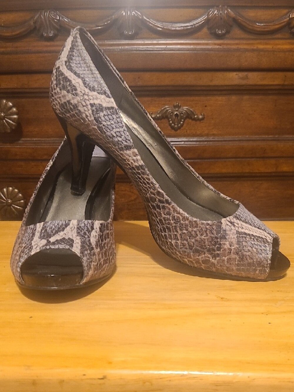 Bandolino Snake-Print Peep Toe Heels in Taupe and Black
